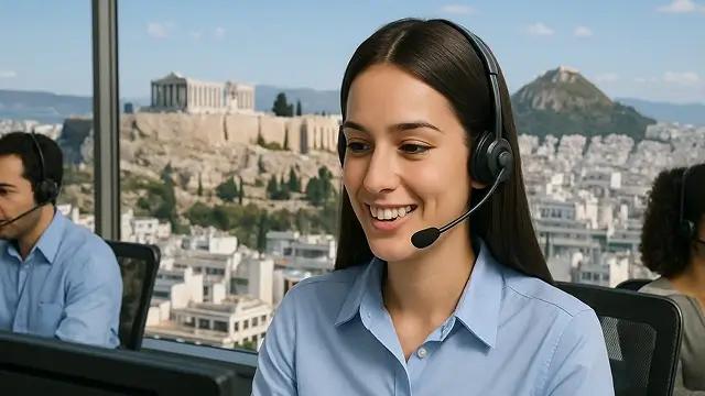 Γυναίκα σε τηλεφωνικό κέντρο με θέα την Ακρόπολη και τον Λυκαβηττό στην Αθήνα