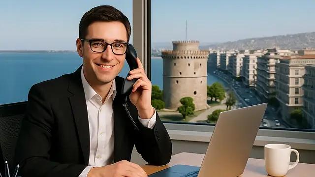 Υπάλληλος γραφείου ή γραμματειακής υποστήριξης στη Θεσσαλονίκη με φόντο τον Λευκό Πύργο