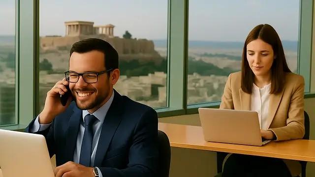 Επαγγελματίες πωλήσεων σε γραφείο στην Αθήνα με φόντο την Ακρόπολη